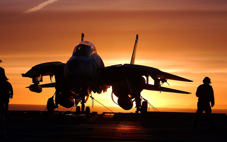 F-14 Tomcat, sunset, orange sky, military, military aircraft, HD wallpaper
