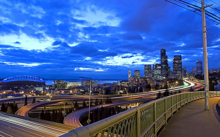 cityscape, Turn, bridge, Seattle, long exposure, sky, HD wallpaper