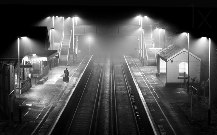 grayscale photo of train station, landscape, monochrome, railway