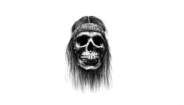 skull, long hair, headband, artwork, minimalism, white background
