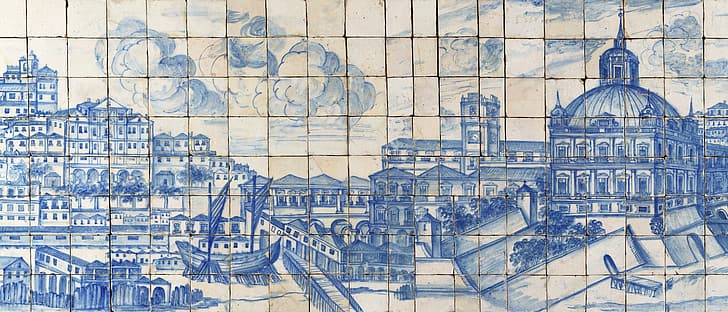 ultrawide, mosaic, ink, painting, tiles, Lisbon, HD wallpaper