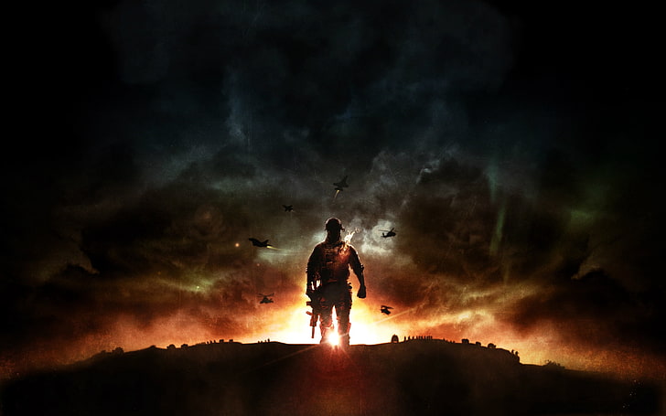 man holding rifle digital wallpaper, battlefield 4, game, explosion, HD wallpaper