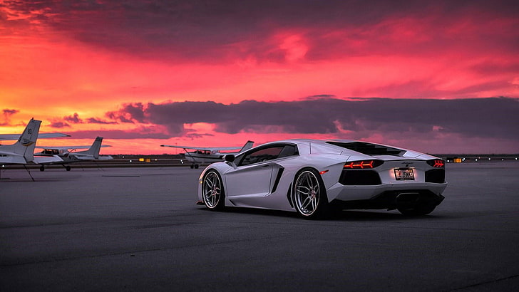 pink sky, red sky, white car, airport, sports car, vehicle, HD wallpaper