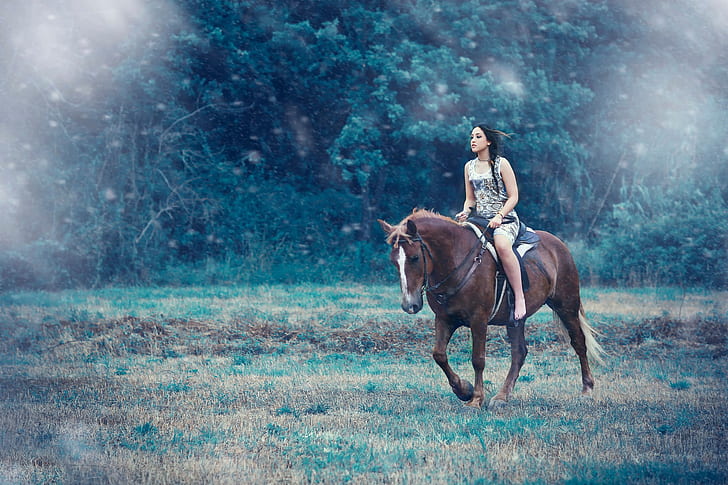Girl riding horse, women's grey tank top and brown horse, Away from you