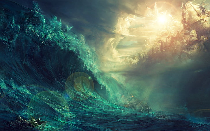 ocean waves illustration, sea, clouds, horse, lens flare, painting