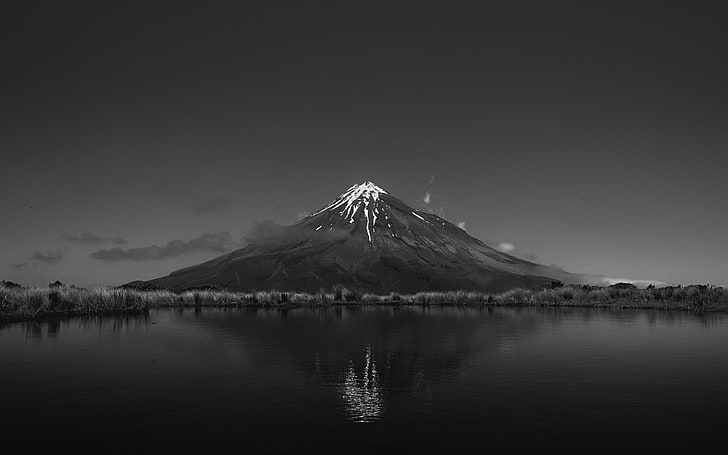 Mount Fuji, landscape, snow, reflection, monochrome, mountains