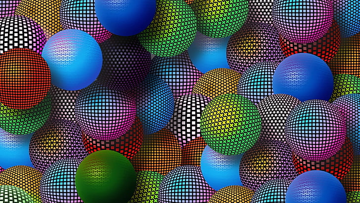 assorted-color ball lot, sphere, abstract, digital art, multi colored