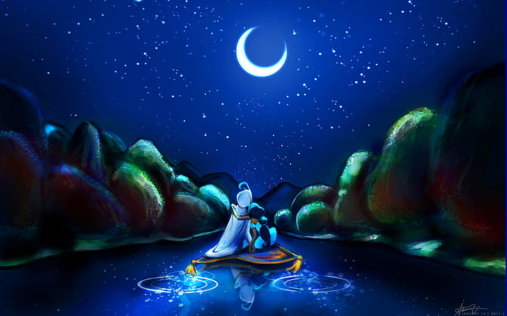 Aladdin And Jasmina Romantic Night Starry Sky Moon 1920×1200, HD wallpaper