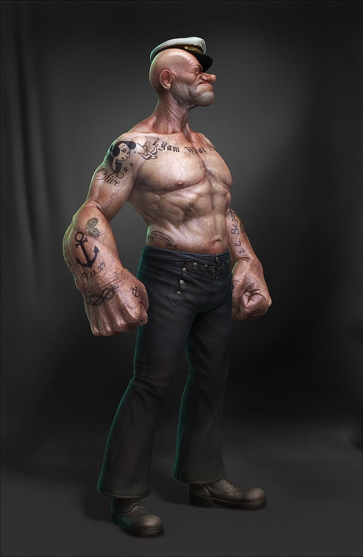 Popeye, realistic, artwork, digital art, muscular Build, men