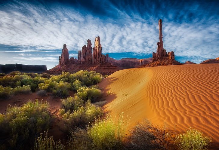 brown sand desert, dune, Arizona, shrubs, rock, clouds, erosion, HD wallpaper