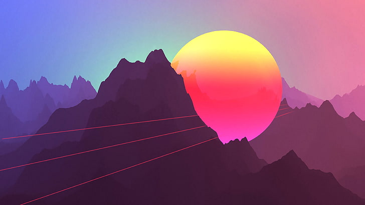 mountain under moon illustration, neon, sunset, mountains, Retro style