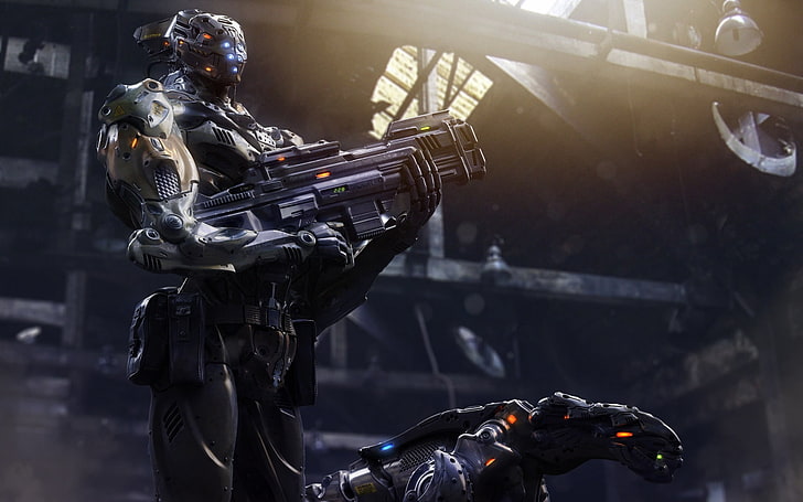 man in armor wallpaper, CGI, robot, cyborg, gun, machine gun, HD wallpaper