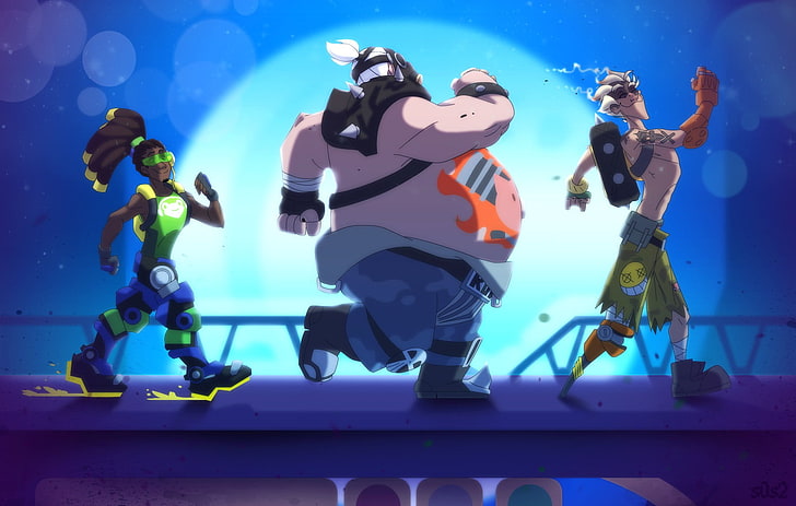 three cartoon characters, Lúcio (Overwatch), Roadhog (Overwatch)