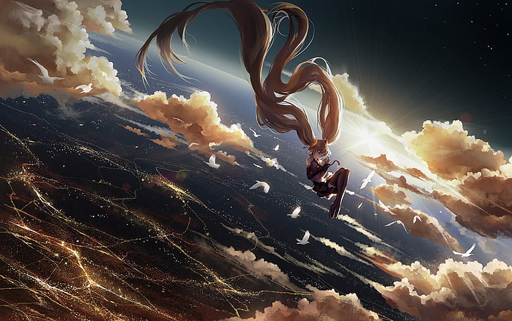 Hatsune Miku wallpaper, Vocaloid, space, clouds, birds, floating