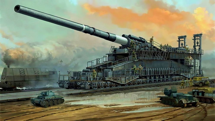 gray military tank illustration, train, soldiers, gun, Germany, HD wallpaper