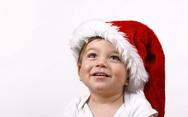 baby's red and white Christmas hat, smile, glance, child, cute, HD wallpaper