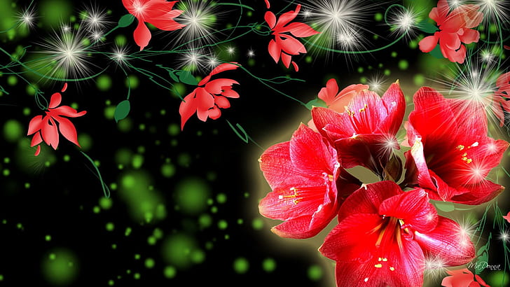 Dark Bright, red green and black floral illustration, stars, sparkle, HD wallpaper