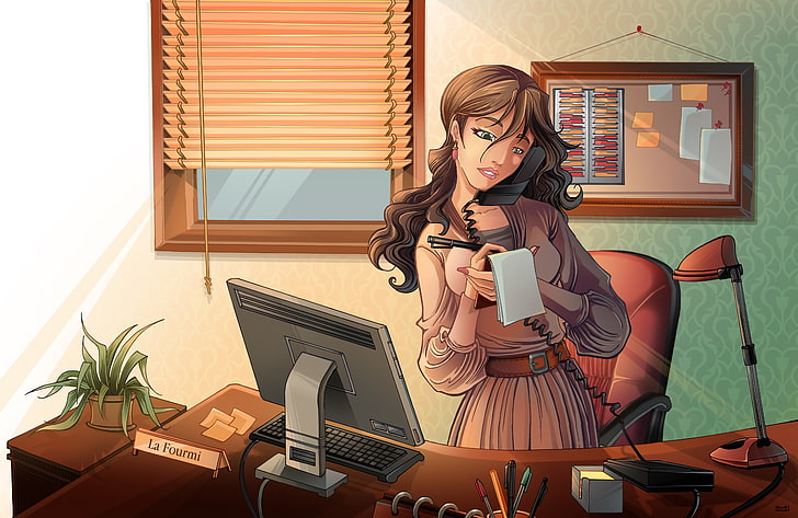 woman with long brown hair illustration, place, office, phone