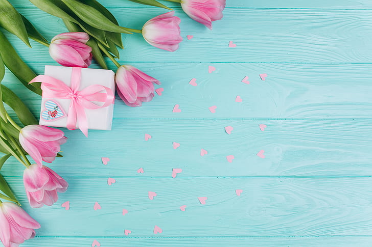 love, flowers, gift, hearts, tulips, pink, fresh, wood, beautiful, HD wallpaper