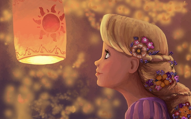 Rapunzel, women, blonde, long hair, braids, flowers, flower in hair