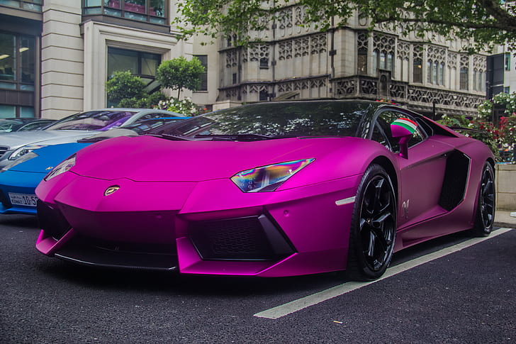 matte purple Lamborghini Aventador diagonally parked, memory