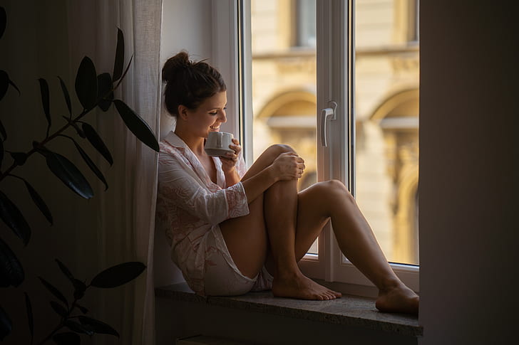 girl, pose, mood, morning, window, mug, pajamas, on the windowsill, HD wallpaper
