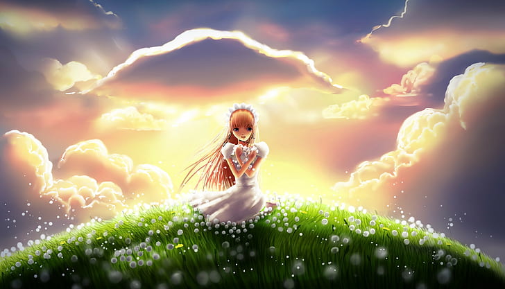 Art, meadow, girl, female anime character photo, hill, grass, HD wallpaper