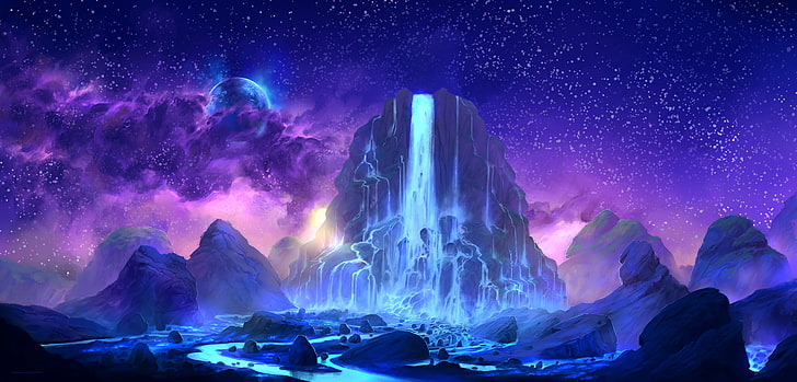 mountain and waterfall illustration, digital art, fantasy art HD wallpaper