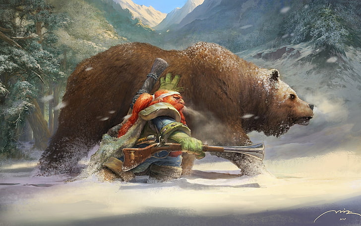 brown bear and man painting, World of Warcraft, dwarfs, hunter, HD wallpaper