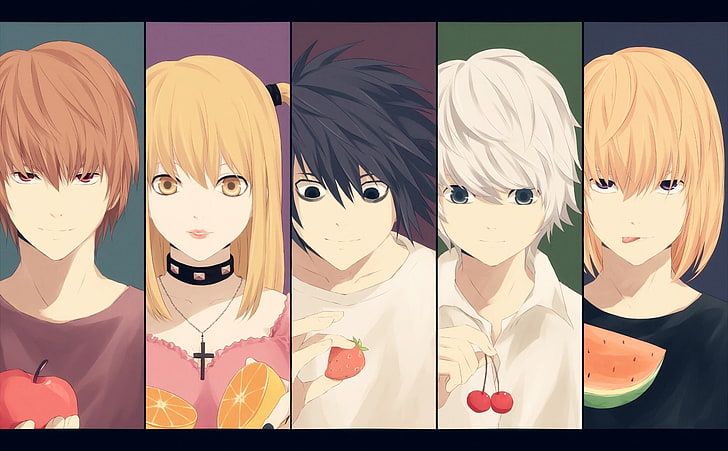 three men and two women anime character illustration, Death Note