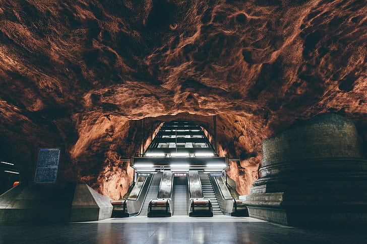 rock, subway, Stockholm, Sweden, escalator, rock formation, HD wallpaper