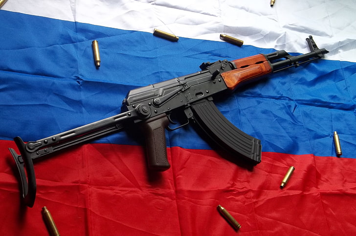 black and brown AK-47, Kalashnikov, tricolor, the flag of Russia