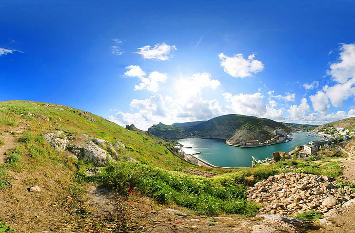 Ukraine, Crimea, Balaklava, Sea, bay, sky, clouds, grass, rocks, HD wallpaper