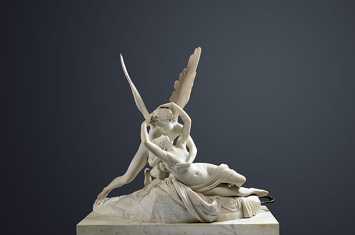 girl, wings, hugs, sculpture, Museum, art, the young man, mythology