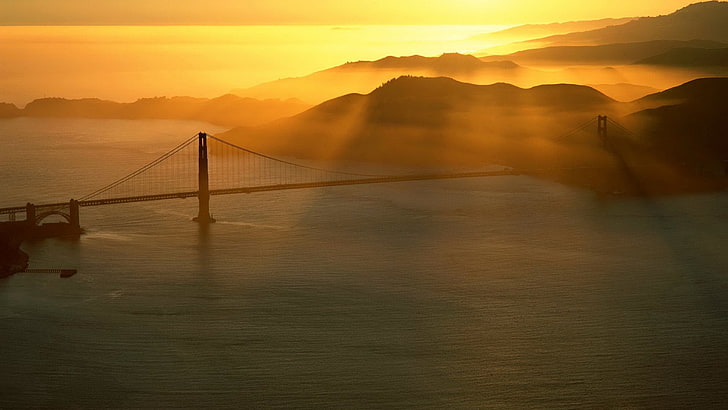 Golden Gate bridge, sun, beams, morning, sea, sunset, nature