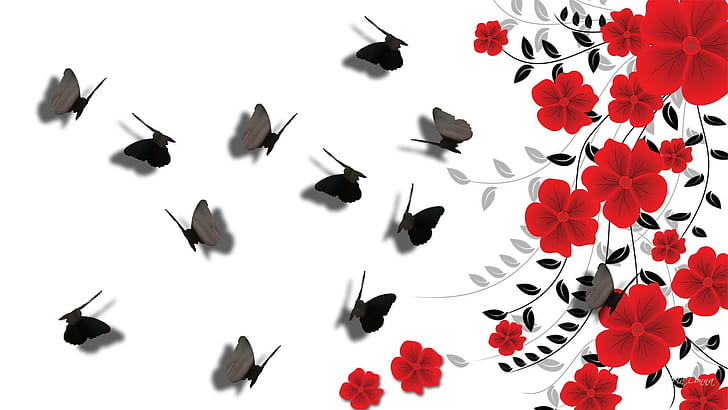 Red Flowers Shadow Butterflies, black, leaves, white, spring, HD wallpaper