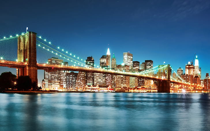 Brooklyn Bridge, New York, city, night lights, HD wallpaper