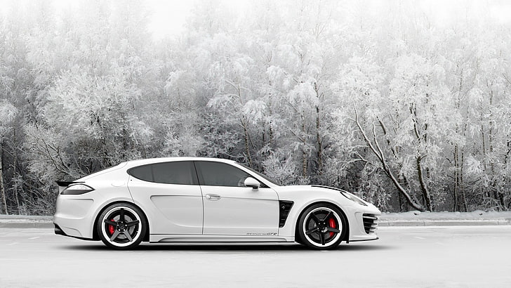 white coupe, Porsche Panamera, snow, car, white cars, mode of transportation