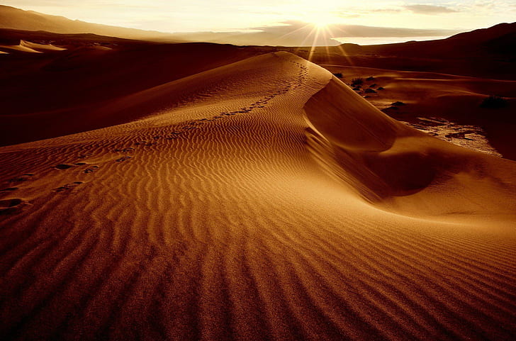 Desert Sand Dunes Sun Sky Landscape wide, desert during sunset, HD wallpaper