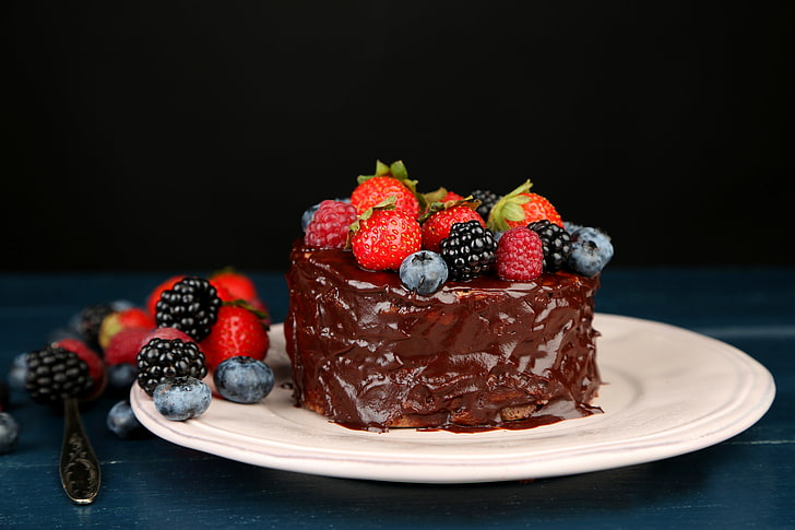 chocolate coated cake with berries on top, raspberry, food, blueberries