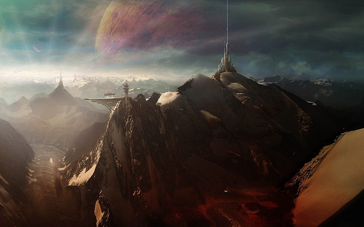 grey and white castle, science fiction, planet, fantasy art, mountains, HD wallpaper