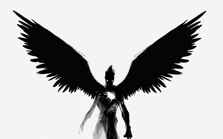 black and white angelic illustration, heart, wings, the demon