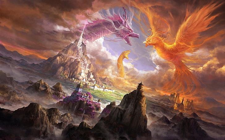 fantasy art, phoenix, dragon, sky, cloud - sky, sunset, beauty in nature, HD wallpaper