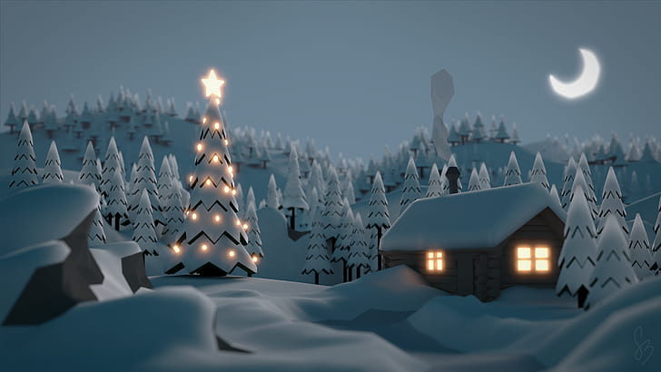 winter, snow, digital art, hut, Moon, Christmas, trees