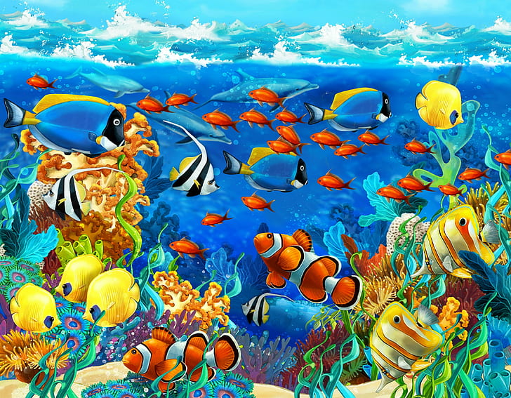 underwater, artwork, animals, fish, HD wallpaper