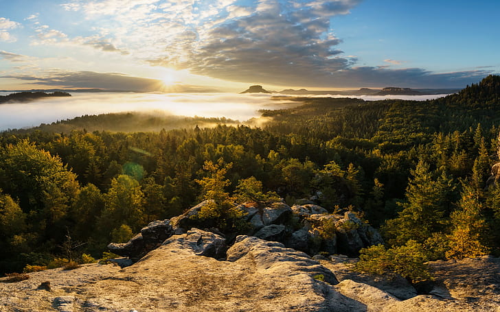 Elbe Sandstone Mountains, Saxon Switzerland, green trees over the sunset and blue sky