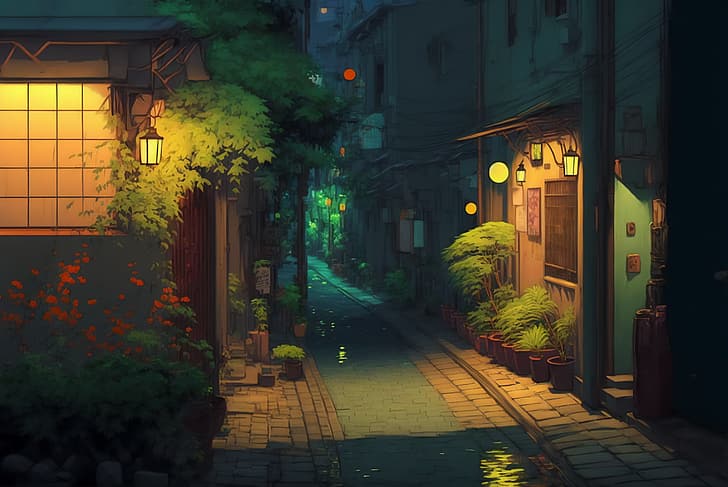 AI art, painting, Studio Ghibli, street, HD wallpaper
