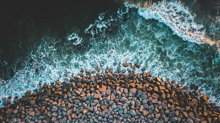brown stones, top view photo of gravels and ocean wave photo, HD wallpaper
