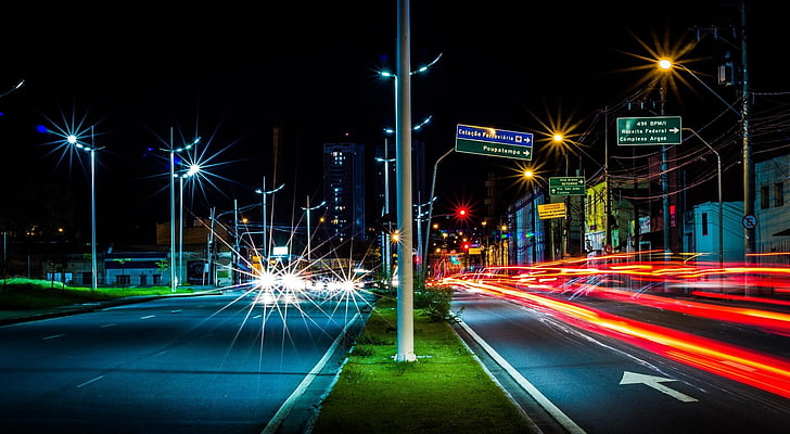 Centro de Sao Paulo, City, Night, Traffic, brazil, illuminated, HD wallpaper
