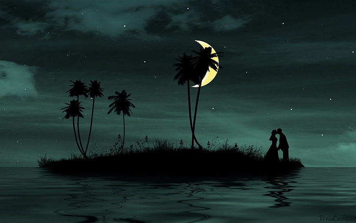 silhouette of man and woman, couple, love, kiss, island, dark